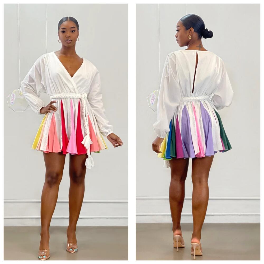 L’atiste Rainbow Pleated Mini Dress Size Medium Cotton Long Sleeve